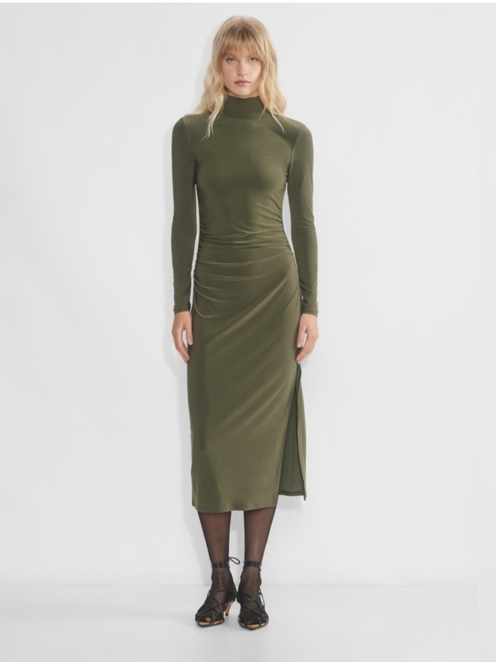Wilfred longsleeve open back midi Olive Green Dress size large by Aritzia